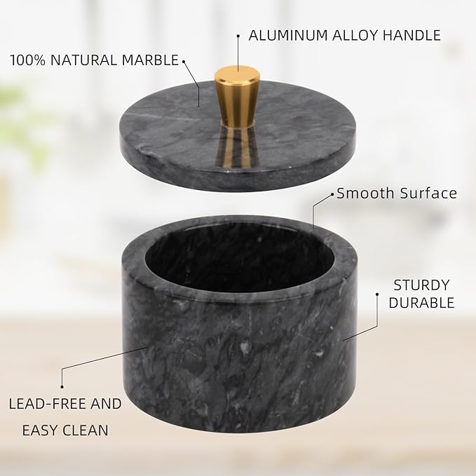 Marble Salt Cellar with Lid, 4 inch Natural Stone Salt Pepper Box, Alloy Lid for Kitchen Countertop Storage (Dark Grey, 4 * 3.5)