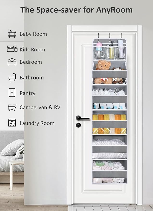 Over the Door Organizer Hanging Storage with 3 Clear Slip Pockets and 5 Large Pockets for Closet Door Organization - Heavy Duty for Bathroom, Pantry, Bedroom, Nursery