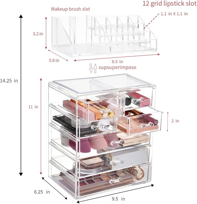 Clear Makeup Organizer with Brush Holder, Large Acrylic Cosmetic Display Jewelry & Make Up Organizers and Storage for Vanity, Bathroom (3 Large, 4 Small Drawers, Clear)