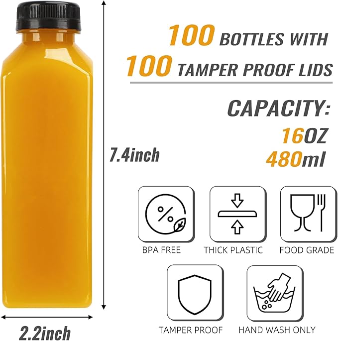 TOMNK 100pcs 16oz Plastic Beverage Containers, Black Caps with Label, Funnel and Brush for Juicing, Smoothies, Tea, Milk