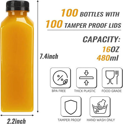 TOMNK 100pcs 16oz Plastic Beverage Containers, Black Caps with Label, Funnel and Brush for Juicing, Smoothies, Tea, Milk