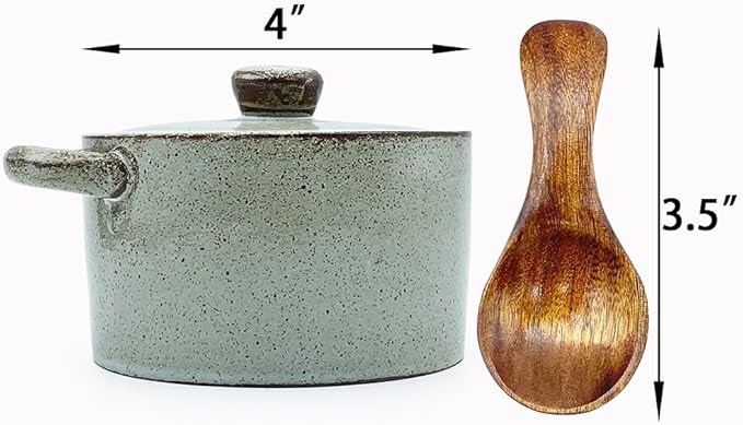 12 oz Ceramic Salt Cellar with Lid & Wooden Spoon,Countertop Salt Container,Sugar Bowl,Spices Jar| Artisan Kitchen Decor(Coarse Pottery)