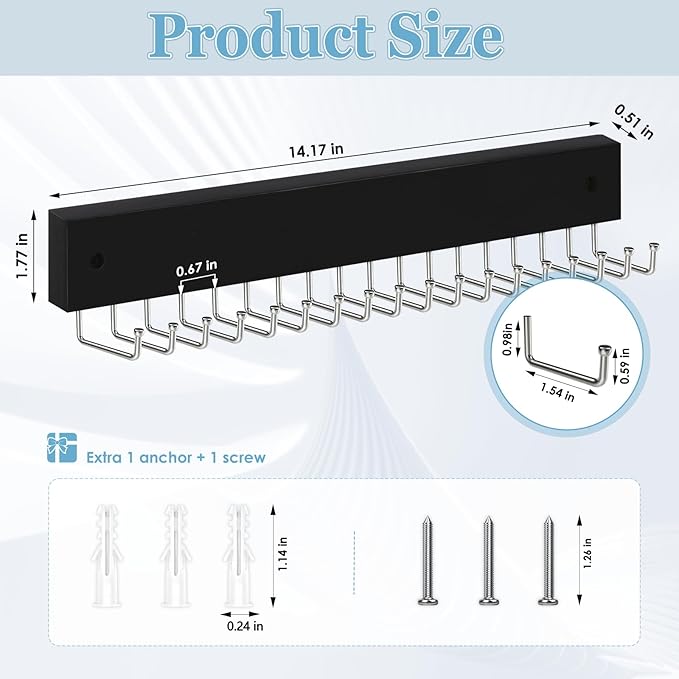 Tie Rack Belt Hanger Wall Mounted, Lomrsiul Non Slip 180 Degree Rotating Tie Organizer for Men Closet with 18 Hooks Closet Organizers and Storage for Tie Belt Necklace Purse Scarf Bag Black 1 Pack