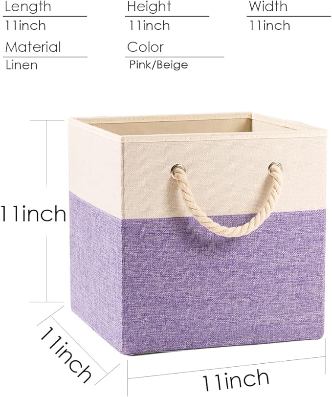 PRANDOM Large Foldable Cube Storage Bins 11x11 inch [4-Pack] Fabric Linen Storage Baskets Cubes Drawer with Cotton Handles Organizer for Shelves Nursery Closet Bedroom Purple