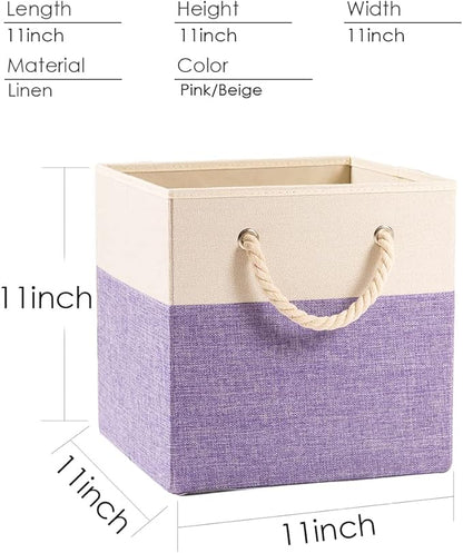 PRANDOM Large Foldable Cube Storage Bins 11x11 inch [4-Pack] Fabric Linen Storage Baskets Cubes Drawer with Cotton Handles Organizer for Shelves Nursery Closet Bedroom Purple