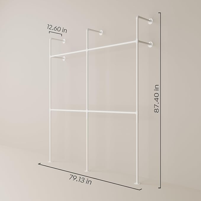 pamo Industrial Pipe Clothing Rack White Metal - 660 lbs Capacity - Wall-Mounted Clothes Racks for Hanging Clothes - Modern Walk-In Closet