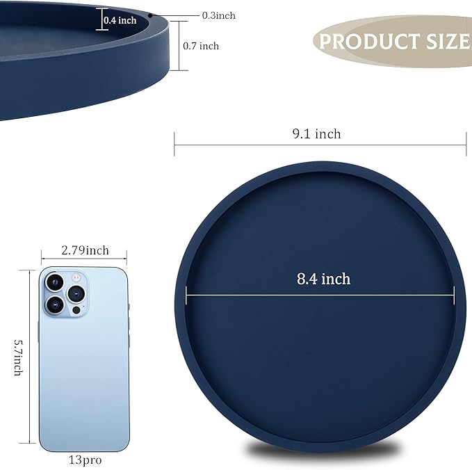 Silicone Bathroom Tray Round Vanity Tray Decorative Soap Holder Kitchen Countertop Organizer Coffee Table Decor for Candle, Perfume, Plant, 10 Inch, Dark Blue