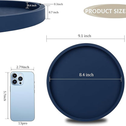 Silicone Bathroom Tray Round Vanity Tray Decorative Soap Holder Kitchen Countertop Organizer Coffee Table Decor for Candle, Perfume, Plant, 10 Inch, Dark Blue