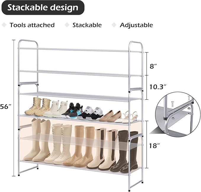 MISSLO 2 Tier Long Shoe Rack for Closet Shoe Organizer Holds 18-Pairs, Wide Low Stackable Shoe Storage Shelf for Bedroom Floor, Men Boots, Women Heels, Kids Sneakers (Grey)