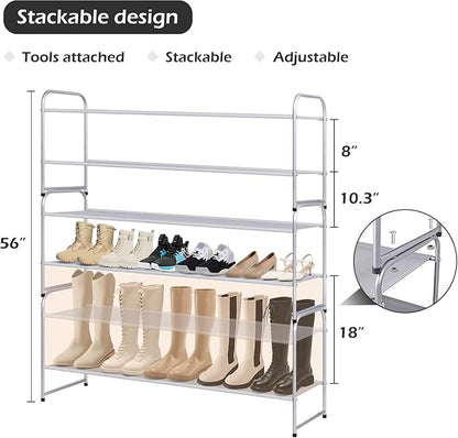 MISSLO 2 Tier Long Shoe Rack for Closet Shoe Organizer Holds 18-Pairs, Wide Low Stackable Shoe Storage Shelf for Bedroom Floor, Men Boots, Women Heels, Kids Sneakers (Grey)