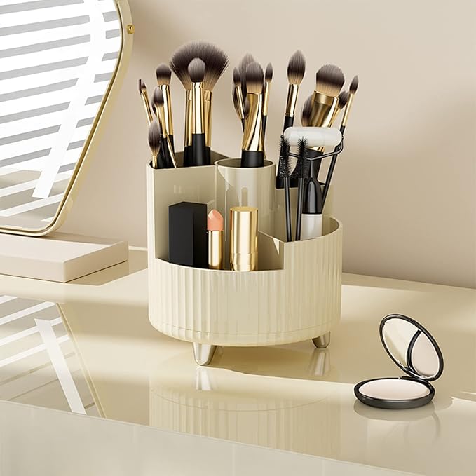 DASITON Large Capacity Makeup Brush Holder,360° Rotating Makeup Organizer,5 Slot Makeup Brushes Cup,for Vanity Decor,Bathroom Countertops,Desk Storage Container,Cosmetic Display cases(Cream-S)