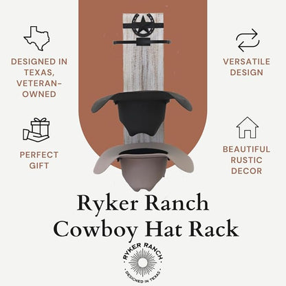 Ryker Ranch Cowboy Hat Rack for Wall | Western Hat Rack for Cowboy Hats | Rustic White Wood and Metal Cowboy Hat Holder for Wall | Cowboy Hat Hanger for Farmhouse Decor