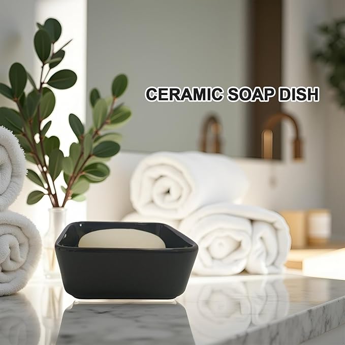Ceramic Soap Dish, Square Shower Case with Drain Grid, Compact Bathroom Soap Holder for Sink Countertop, Decorative Ceramic Soap Saver Tray, Dish for Liquid or Bars (Black)