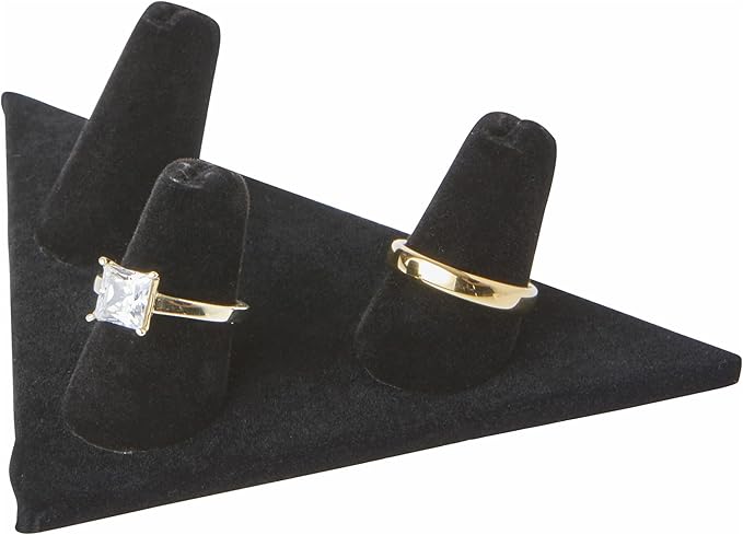 Plymor Black Velvet Ring Finger Display, Three on Triangular Base, 5" W x 3.25" D x 1.625" H