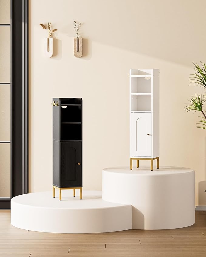 Bathroom Storage Cabinet, Small Corner Floor Hutch with Door and Adjustable Shelves, Narrow Toilet Paper Cabinet with Two Hooks, Bathroom Organizer for Small Spaces