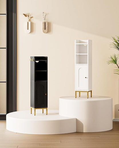 Bathroom Storage Cabinet, Small Corner Floor Hutch with Door and Adjustable Shelves, Narrow Toilet Paper Cabinet with Two Hooks, Bathroom Organizer for Small Spaces