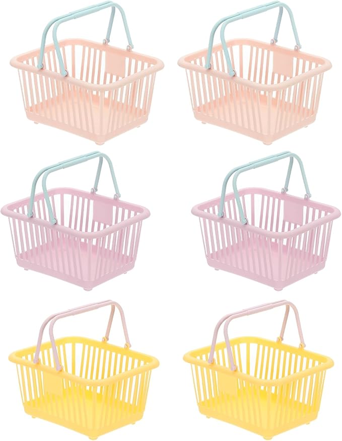PATIKIL 6PCS Mini Shopping Basket, Small Plastic Basket Mini Storage Basket Grocery Tiny with Handles Organizer Filtered Water for Organizing Toys Eggs Fruits Snacks,Pink Purple Yellow