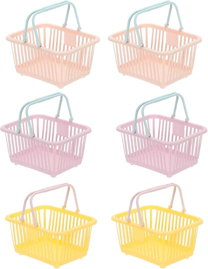 PATIKIL 6PCS Mini Shopping Basket, Small Plastic Basket Mini Storage Basket Grocery Tiny with Handles Organizer Filtered Water for Organizing Toys Eggs Fruits Snacks,Pink Purple Yellow