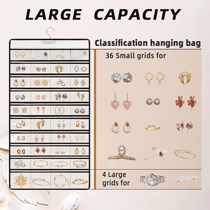 Hanging Jewelry Organizer Storage Earring Jewelry Storage Bag With 48 Pockets Necklace Bracelet Ring Glasses Accessory Display Rack (White)