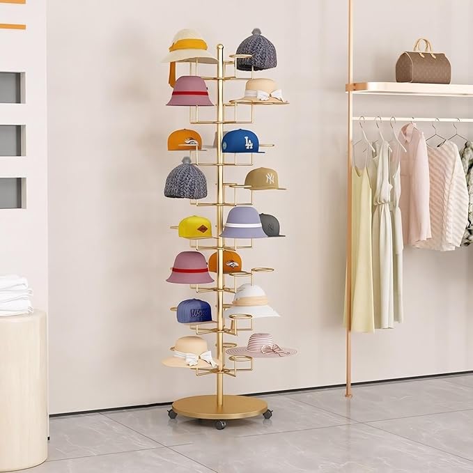 8 Tier Hat Rack with 40 Hooks for Hanging Hats or Wigs, Freestanding Hat Rack Stand, Metal Hat Organizer Rack, Rolling Retail Hat Display Rack for Home/Store (Gold,8 Tier)