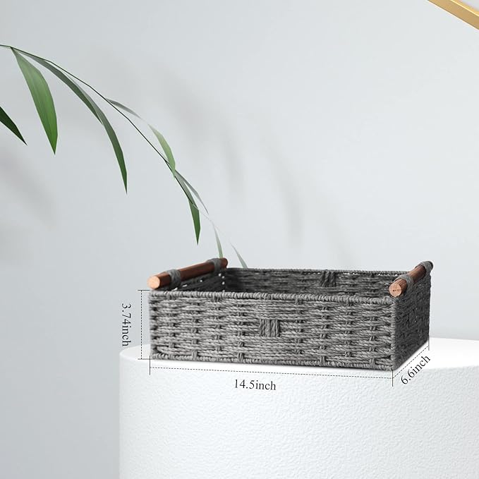 Round Paper Rope Storage Basket Wicker Baskets for Organizing with Handle Decorative Storage Bins for Countertop Toilet Paper Basket for Toilet Tank Top Small Baskets Set,Grey