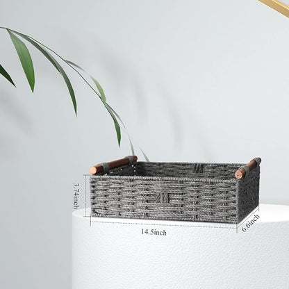 Round Paper Rope Storage Basket Wicker Baskets for Organizing with Handle Decorative Storage Bins for Countertop Toilet Paper Basket for Toilet Tank Top Small Baskets Set,Grey