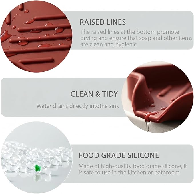 MicoYang Silicone Bathroom Soap Dishes with Drain Spout-Bathroom and Kitchen Sink Organizer,Sponge Holder,Dish Soap Tray,Perfect for Dispenser,Scrubber,Bottle,Cup on Sink or Counter-Red 4.9"×3.2"