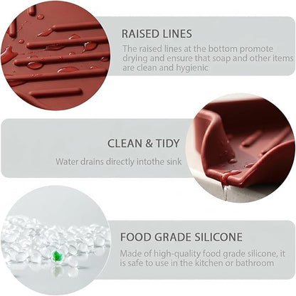 MicoYang Silicone Bathroom Soap Dishes with Drain Spout-Bathroom and Kitchen Sink Organizer,Sponge Holder,Dish Soap Tray,Perfect for Dispenser,Scrubber,Bottle,Cup on Sink or Counter-Red 4.9"×3.2"