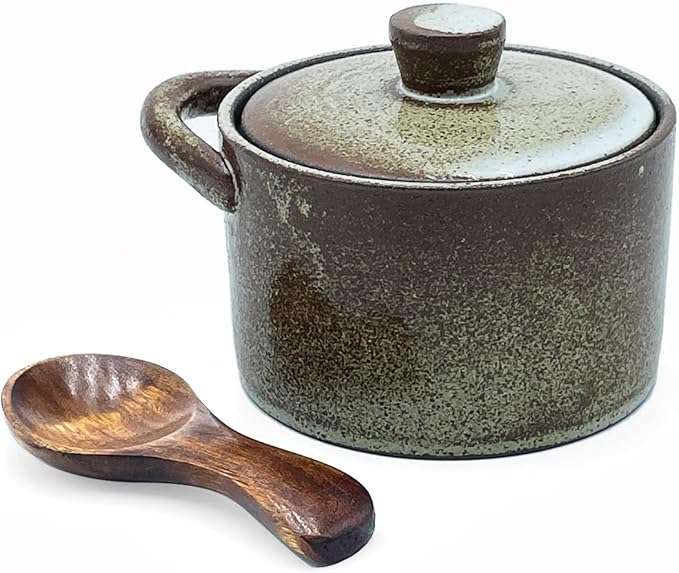 8 oz Ceramic Salt Cellar with Lid & Wooden Spoon,Countertop Salt Container,Sugar Bowl,Spices Jar|Terracotta Home Kitchen Decor(Coarse Pottery Color)