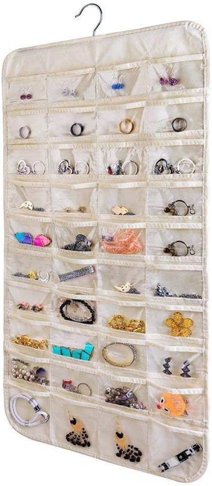 80 Pockets Hanging Jewelry Organizer, 2 Sided Over the Door Wall Mount Rotating Hanger Clear Window Storage Bag for Small Items Earrings, Rings, Necklaces, Bracelets, Hair Clips