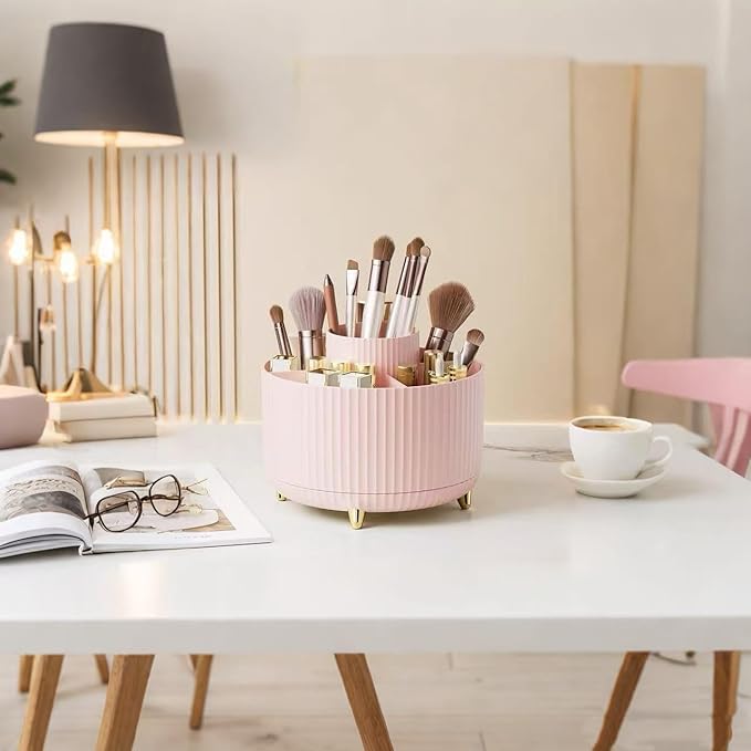 360 Degree Rotating Desktop Organizer,Makeup Brushes,Pencils,Desktop Stationery Storage Rotating Rack,Premium Plastic Organizer For Office,School And Home (Pink)