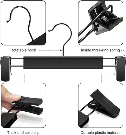 GUANJUNE 10 Pack Clothes Pants Hangers, Space-Saving Skirt Holders with 360 ° Swivel Hooks, Adjustable Clips, Trouser Coat Garment Jeans Black