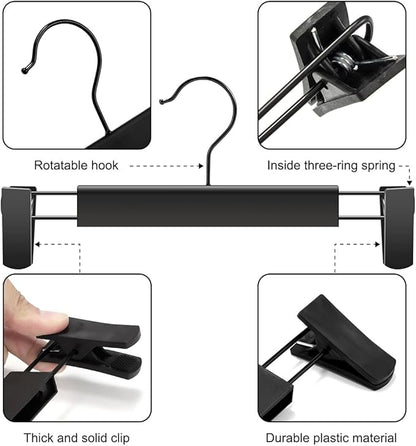 GUANJUNE Clothes Pants Hangers, Space-Saving Skirt Holders with 360 ° Swivel Hooks, Adjustable Clips, Trouser Hangers, Clothes Coat Garment Jeans Hangers (20 Pack, Black)