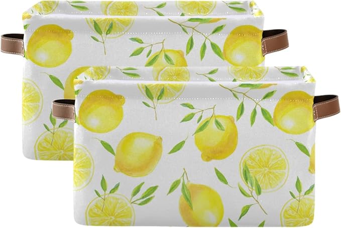 Fresh Lemons Pattern Rectangle Storage Bin, 15 x 11 x 9.5 in, Collapsible Organizer Storage Basket for Home Décor，2PACK
