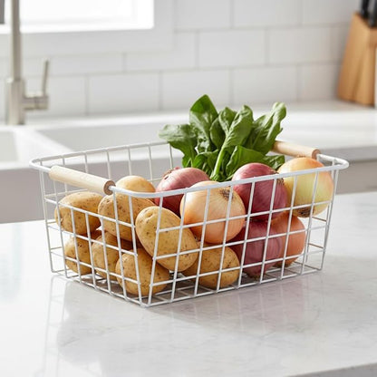 White Metal Wire Food Storage Basket with Wooden Handles for Organizing Snack Basket,Pantry Organizers and Storage for Kitchen Cabinets 4 Pack (Medium)