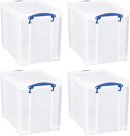 Really Useful Box 19 Liter Plastic Stackable Storage Container w/Snap Lid & Built-In Clip Lock Handles for Home & Office Organization, Clear (4 Pack)