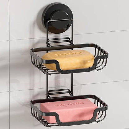 LEVERLOC Double Layer Soap Dish, Bar Soap Holder for Shower Wall, Vaccum Suction Cup Sponge Holder for Bathroom Tub Kitchen Sink, Stainless Steel, Waterproof, Removable, Black