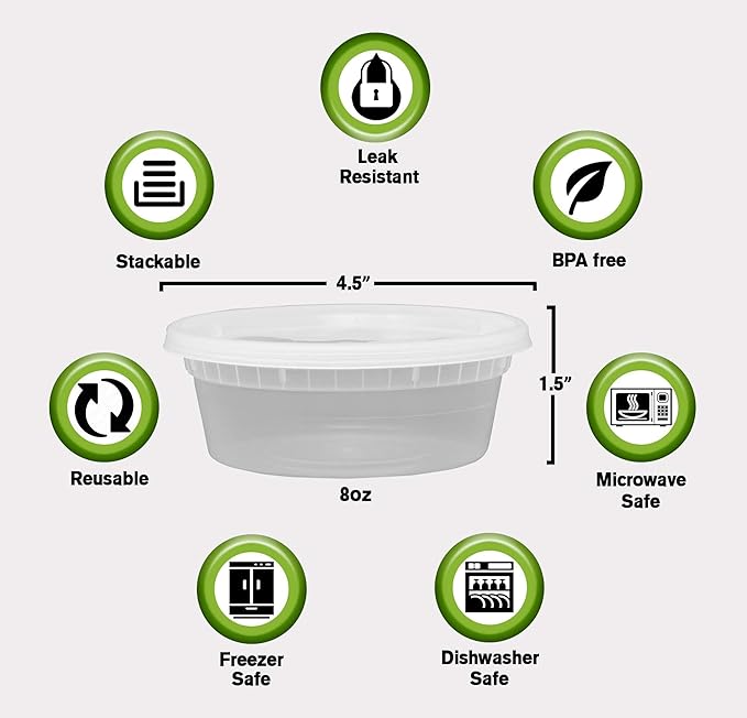 Deli Plastic Food Containers with Airtight Lids [50 Sets], Leakproof Slime Small Combo Pack [Reusable, Storage, Disposable, Meal Prep, Soup, Microwaveable & Freezer Safe] (8oz)