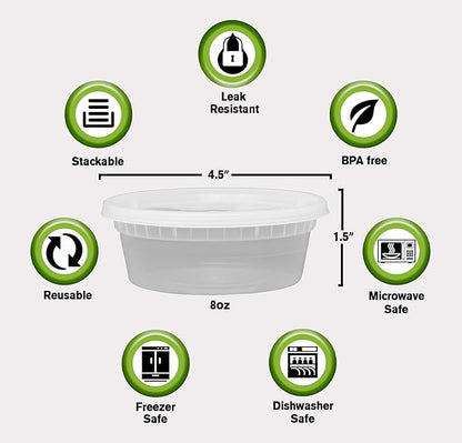 Deli Plastic Food Containers with Airtight Lids [50 Sets], Leakproof Slime Small Combo Pack [Reusable, Storage, Disposable, Meal Prep, Soup, Microwaveable & Freezer Safe] (8oz)
