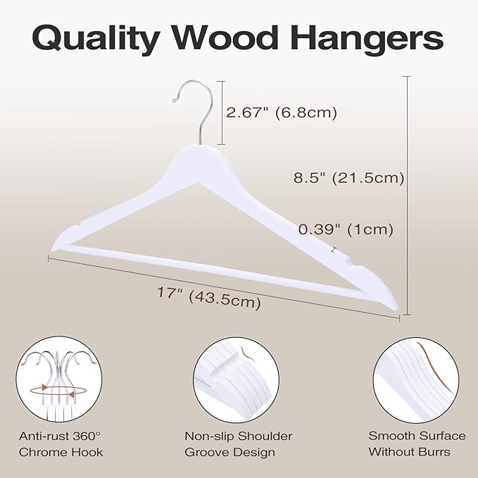 FairyHaus Wooden Hangers 30 Pack White, Slim Wood Coat Suits Hanger with 360° Swivel Hook, Notches and Pants Bar, Smooth Finish and Lightweight for Closet Clothes