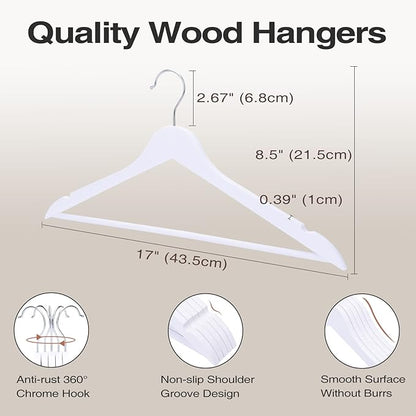 FairyHaus Wooden Hangers 30 Pack White, Slim Wood Coat Suits Hanger with 360° Swivel Hook, Notches and Pants Bar, Smooth Finish and Lightweight for Closet Clothes