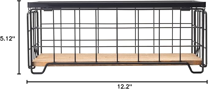 TIEYIPIN Metal Wire Storage Basket, Toilet Paper Roll Holder Wood Base Countertop Decor Box Toilet Tank Shelf Cabinet Organizer for Bathroom Pantry Garage Bedroom Livingroom (Black (2 Pack))