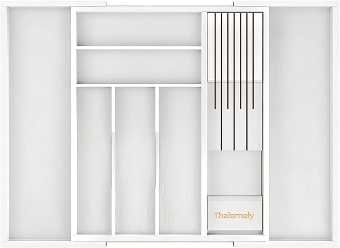 Bamboo Kitchen Drawer Organizer, Expandable Silverware Organizer with Removable Knife Block, 6-8 Slots- Utensil Holder & Cutlery Tray Drawer Dividers, 2.36" Deep for Extra Capacity, White