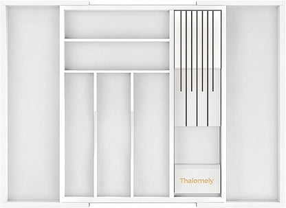 Bamboo Kitchen Drawer Organizer, Expandable Silverware Organizer with Removable Knife Block, 6-8 Slots- Utensil Holder & Cutlery Tray Drawer Dividers, 2.36" Deep for Extra Capacity, White