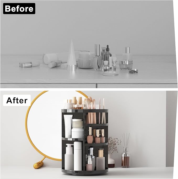 Jiavarry Rotating Makeup Organizer for Vanity, 360 Spinning Skincare Organizers with Adjustable Trays, Make Up Desk Storage Carousel Rack, Cosmetic Display Cases for Dresser Bathroom Countertop Black