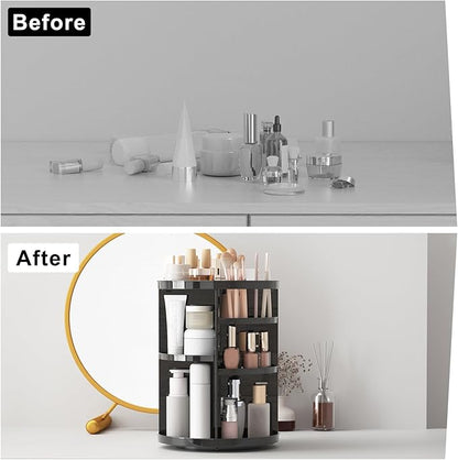 Jiavarry Rotating Makeup Organizer for Vanity, 360 Spinning Skincare Organizers with Adjustable Trays, Make Up Desk Storage Carousel Rack, Cosmetic Display Cases for Dresser Bathroom Countertop Black