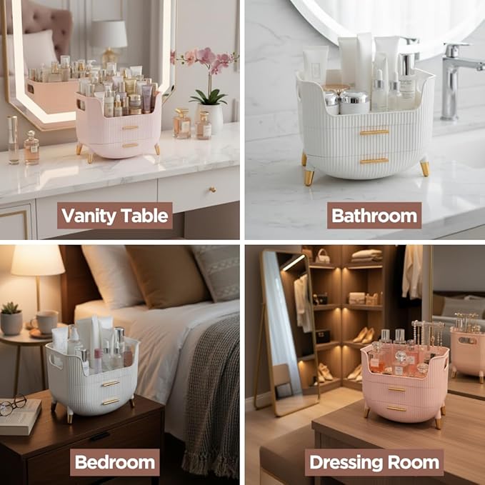 HALAFE Makeup Organizer with Drawers, Skincare Storage Box for Vanity, Multiple Compartments, Portable Cosmetic Display Case with Handle, Large Make up Organizers for Dresser, Bathroom, Bedroom, Pink