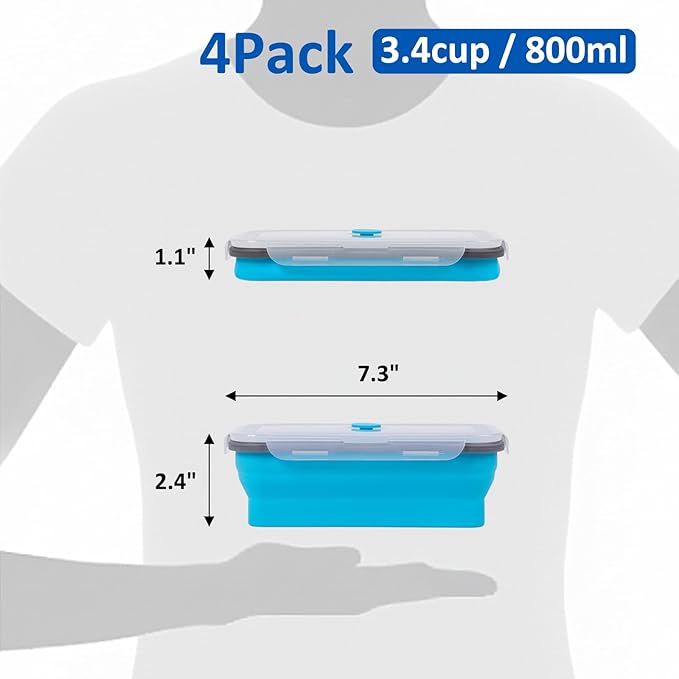 Collapsible Silicone Food Storage Containers Set with Lid & Air Vent,Foldable Lunch Containers(4PCS,Blue,27oz)