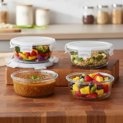 12oz Round Glass Food Containers With Lids, Small Round Glass Meal Prep Containers set,1.5 Cup Small Clear Food Storage Bowls BPA-Free, Microwave, Dishwasher, Freezer Safe（White）