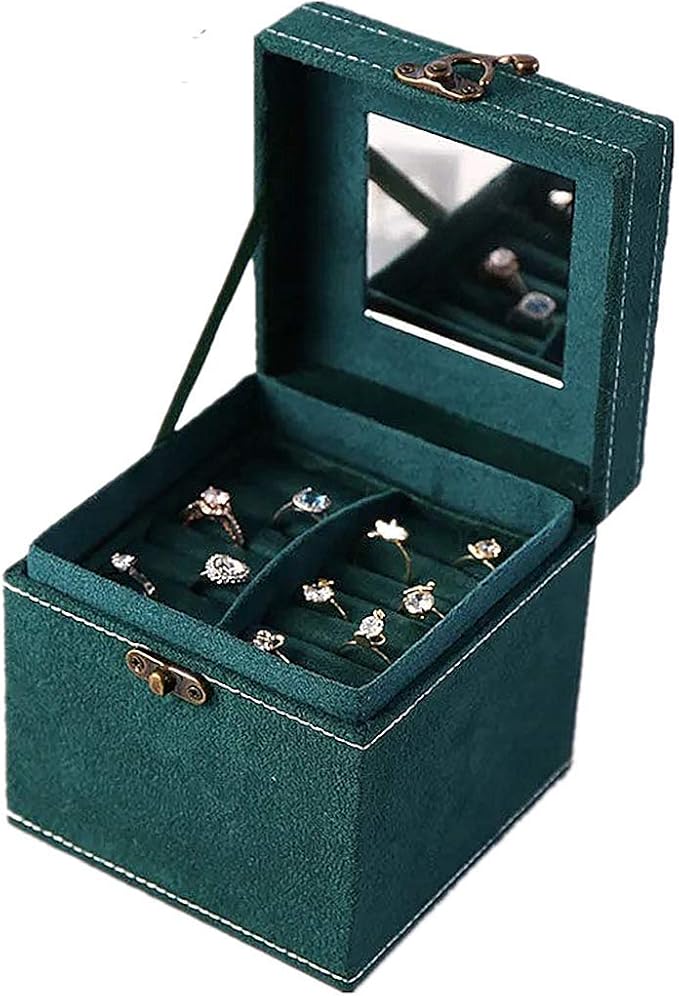 without brand 3-layer New jewelry storage box flannel jewelry storage box creative earrings earrings ring retro jewelry box (green)
